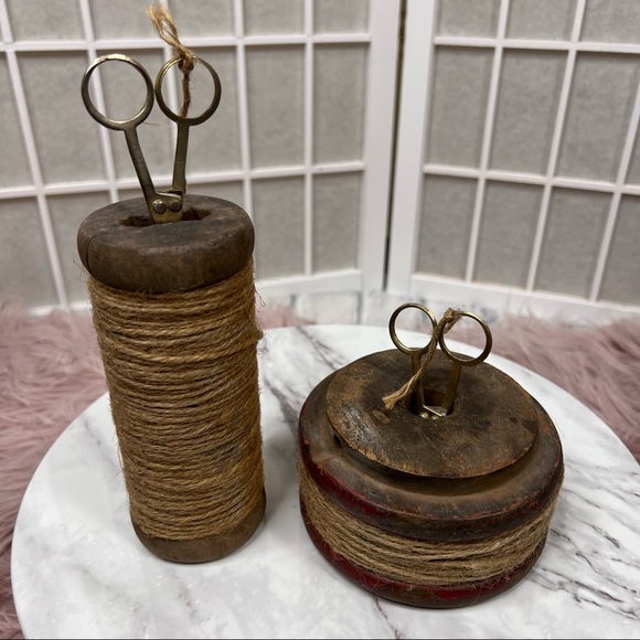 VINTAGE Antique Wooden Spool with Twine/Scissors Tall & Short